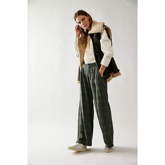 New Free People x CP Shades Plaid Trousers $220  MEDIUM Green PLAID Relaxed - Picture 2 of 5